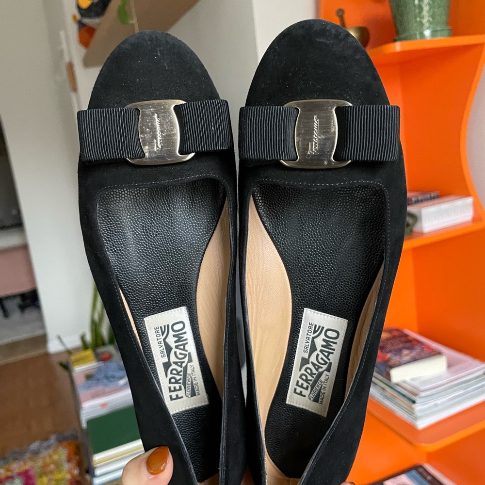 Salvatore Ferragamo Black Flats with Silver Buckle
